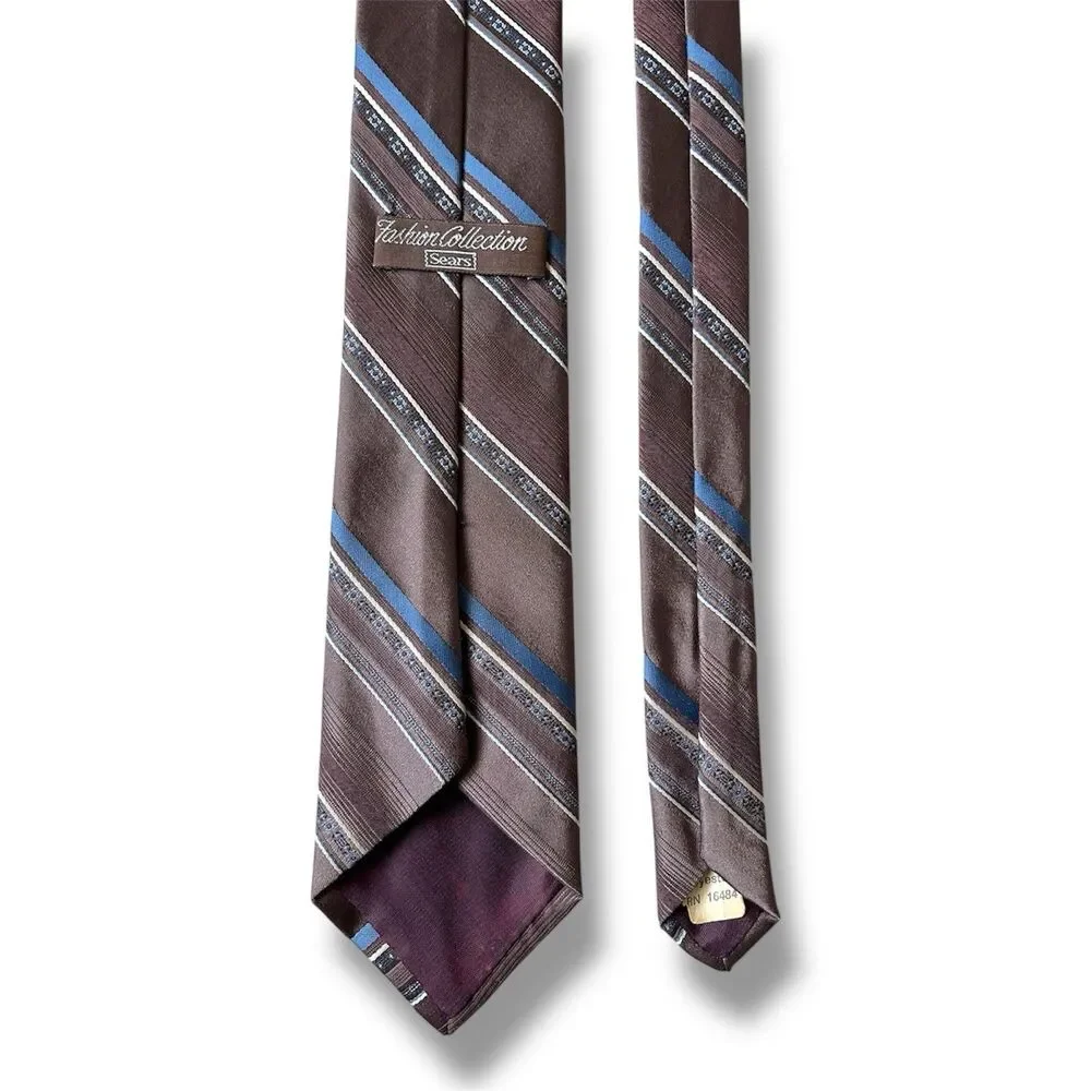 Vtg Fashion Collection Sears Brown Blue & White Lines Tie 55” X 3” Men’s Tie